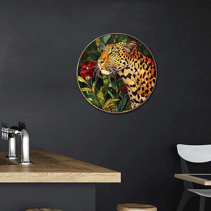 Lygond Metal Sign Tin Sign Circular Stained Glass Leopard Home Decor For Restaurant 8×8 Inches