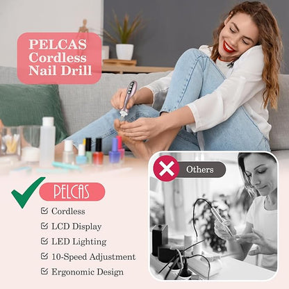 PELCAS Electric Nail File, 10 Speeds Cordless Nail Drill Kit with LED Light, Professional Nail Grinder with LCD Screen Portable e File for Human, Pet, Thick Toenails, Natural & Acrylic Nails Pink