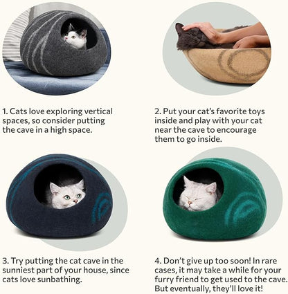 MEOWFIA Cat Cave – Premium Felt Cat Bed for Indoor Cats, Handmade 100% Merino Wool (Large, Dark Grey)