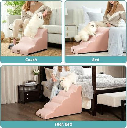 Dog Stairs for Small Dogs 15.7" H, Curved Dog Step for Puppy, Older Cat, Medium Pet Ramp for Sofa, Couch or Bed, Ladder with High Density Foam, 15.7x22.4x15.7 inch, 3 Step, Pink