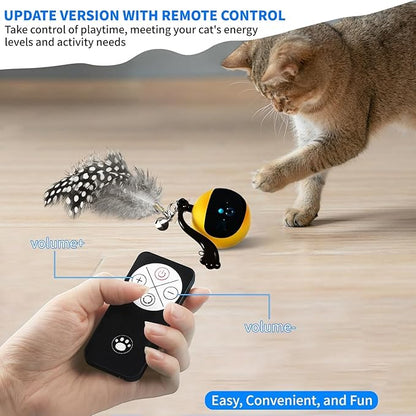 Interactive Cat Ball Toy with Remote Control, Automatic Moving Cat Toys Ball with Feather Tail, Electric Puzzle Toy for Chasing and Hunting (Yellow)