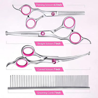 Gimars Dog Grooming Scissors Kit Professional 4CR with Safety Round Tip, 5 in 1 Heavy Duty Titanium Coated Thinning & Curved & Straight Shears