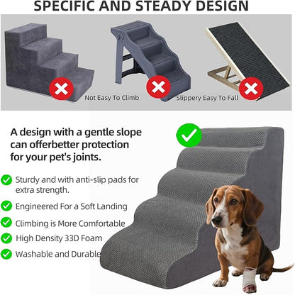 7 Step Pet Stairs Ramp for High Beds Sofas 22-42 Inch, Non-Slip Dog Stairs for Small Old Medium Large XL Dogs Cats, Sturdy 75 Pounds 33D Foam Balanced 6-Tier Ladder with Machine Washable Cover