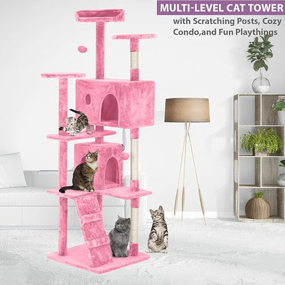 70" Pink XL Cat Tower for Indoor Cats – Multi-Level Condo with Scratching Posts & Hanging Toys