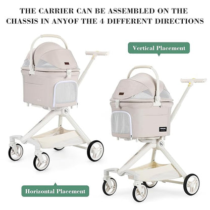 TT Lightweight Pet Stroller for Small Dogs & Cats - 4-Way Installation Carrier, One-Hand Fold, 180° Canopy Cover & Adjustable Handle (Beige)