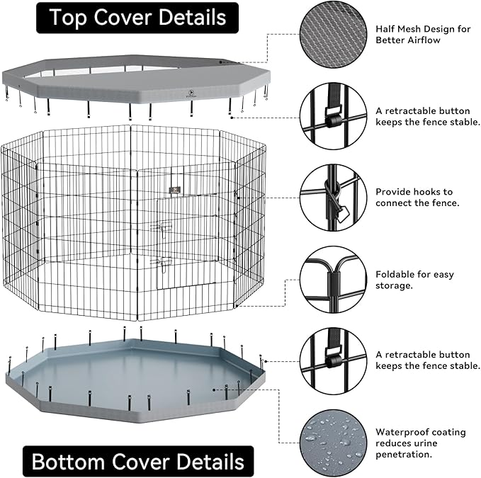 PJYuCien Dog Playpen, 8 Panels 24”H Dog Playpen Indoor with Grey Bottom Pad and Top Cover, Metal Foldable Dog Pen for Indoor Use, Only for Small Medium Animals, Grey