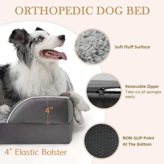 Comfort Expression Large Dog Beds Waterproof Orthopedic Foam Dog Sofa Beds Comfy Pet Bed with Washable Removable Cover & Non-Slip Bottom(Large,Grey)