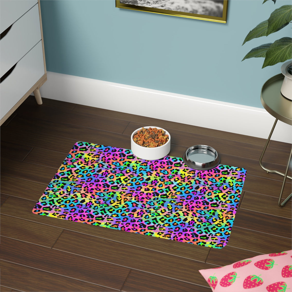 Bespattered Facade Candy Coated Neon Leopard Pet Food Mat