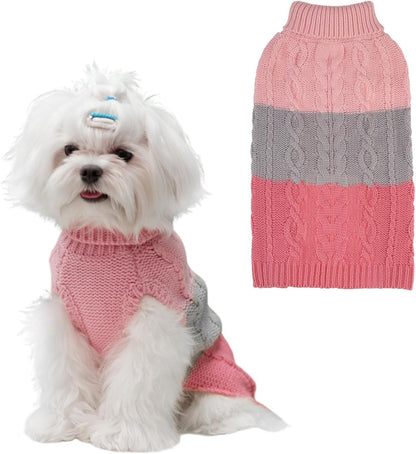 Color Block Cable Knit Dog Sweater – Turtleneck Pullover XS–XL