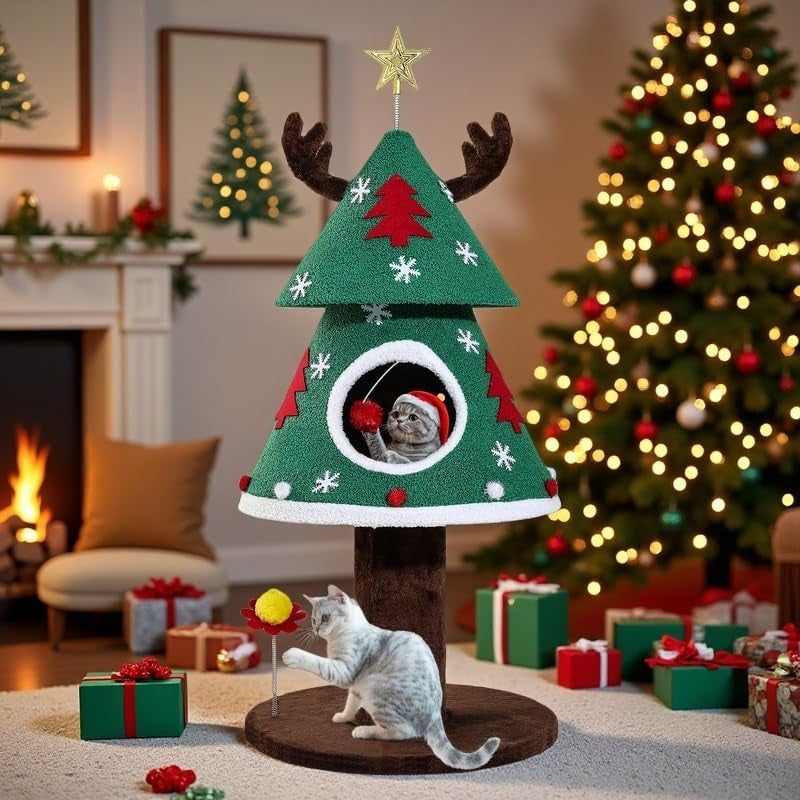 Christmas Cat Tree with Cozy Cat House – 47.2, 60 & 63 Inch