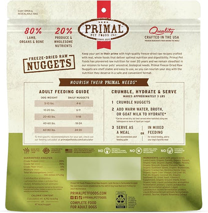 Primal Freeze Dried Raw Dog Food Nuggets, Lamb, Complete & Balanced Meal, Also Use as Topper or Treat, Premium, Healthy, Grain Free, High Protein Raw Dog Food, 14 oz (Pack of 2)