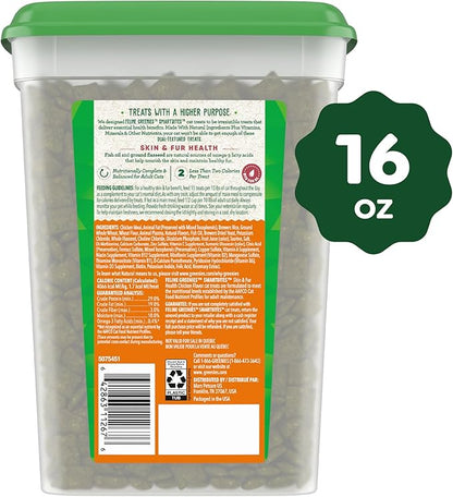 Greenies Feline Smartbites Skin & Fur Health Crunchy and Soft Cat Treats, Chicken Flavor, 16 oz. Tub