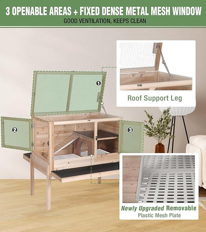 GUTINNEEN Guinea Pig Cage Rabbit Cage Indoor with Chew-Proof Edges, Clean Deep Tray, Leakproof PVC Layer, Small Animals Cage with Adjustable Legs - Natural Wood Color