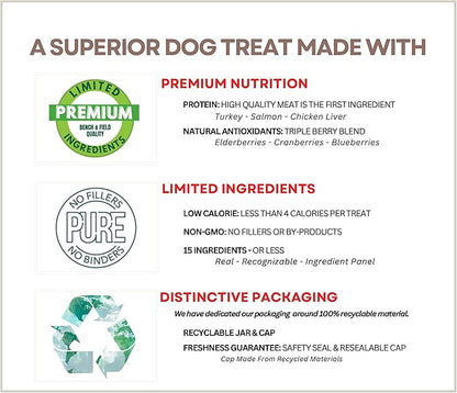 Bench & Field Holistic Natural Turkey & Triple Berry Dog Treats | Crunchy Bone-Shaped Bites | Antioxidant Blend, 10-Ounce Bottle