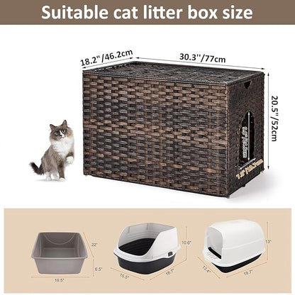 Cat Litter Box Enclosure with Litter Trapping Mat; Handwoven Plastic Rattan Kitten House; No Installation Hidden Cat Washroom; Pet Crate for Balcony,Bedroom,Living Room