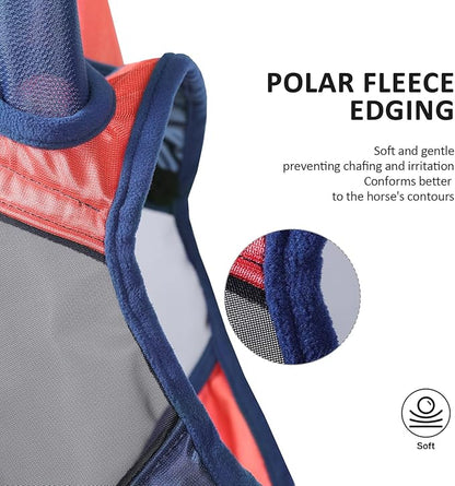 Harrison Howard Pro Luminous Horse Fly Mask Large Eye Space Half Face with Ears UV Protection for Horse Coral Orange/Navy M
