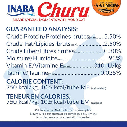 INABA Salmon Churu Cat Treats, Lickable, Squeezable Creamy Purée Cat Treat with Green Tea Extract & Taurine, 0.5 Ounces Each Tube, 20 Tubes, Salmon & Tuna Variety Box