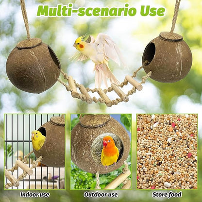kathson 5Pcs Bird Coconut House with Ladder Parakeet Coconut Nest for Cages Parrot Hut Hanging Natural Coconut Fiber Conure Chewing Toys for Cockatiel Budgie Lovebird Cockatoos