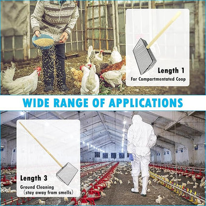 PINVNBY Stainless Steel Chicken Poop Scooper 3 in 1 Adjustable Wooden Handle Poop Scooper for Chicken(18.1" to 42.1")Multifunctional Chicken Coop Cleaning Tools Sifting Shovel Chicken Coop Accessories