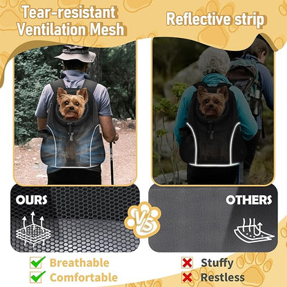 WOYYHO Pet Dog Carrier Backpack Small Dog Front Backpack Ventilated Mesh Dog Travel Back Pack with Safety Belt for Travel Hiking Cycling Outdoor Adventures (Size L: 10-14 lbs, Black)