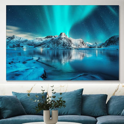 Nature Wall Art Prints - Ocean Forest Mountain Lake Canvas Landscapes - Small to Extra Large Living Room Bedroom Kitchen Bathroom Décor (Northern Lights Over Lake, 20L" x 30W")