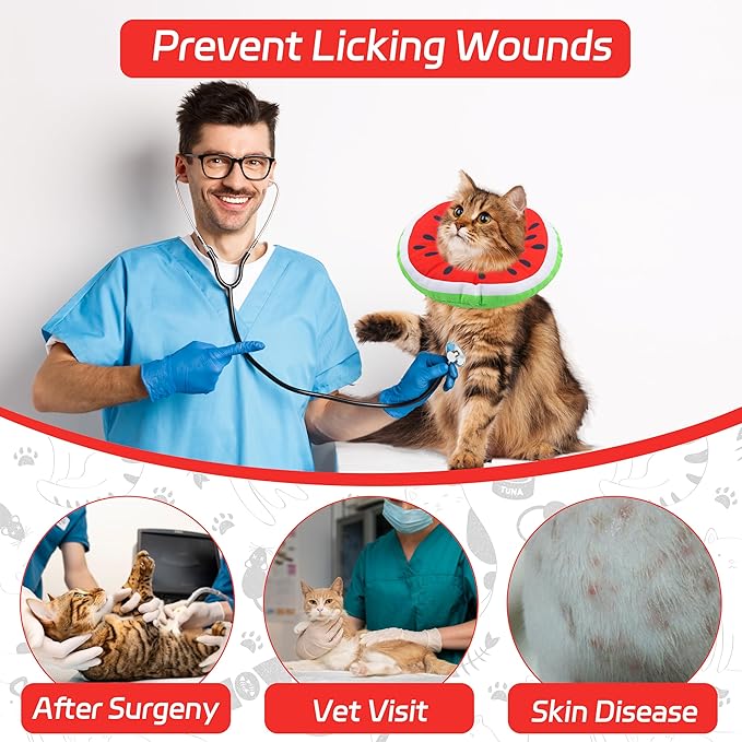 Cat Cone Collar Soft, Adjustable Cat Recovery Collars Kitten Cones to Stop Licking, Cute Donut E Collar After Surgery, Anti-Lick Wound Healing Elizabethan Collar for Kittens (Watermelon, Small)