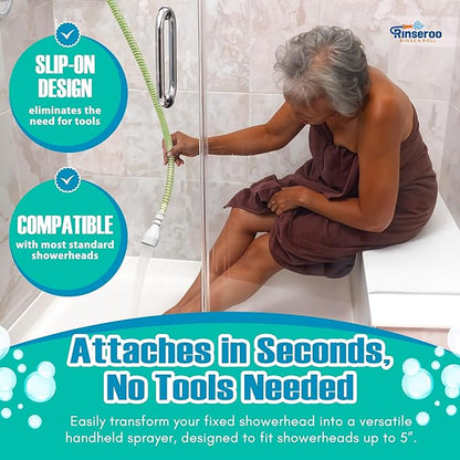 NEW Rinseroo: 5ft Slip-On Handheld Shower Attachment Hose w/Spray Head- Removable Extension Arm- Converts Fixed Shower Head into Handheld Bather. Portable, No-Install Shower Hose Wand for Seniors, RV.