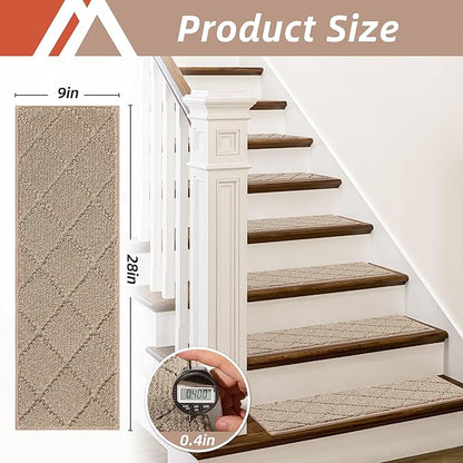 COSY HOMEER Edging Stair Treads Non-Slip Carpet Mat 28inX9in Indoor Stair Runners for Wooden Steps, Edging Stair Rugs for Kids and Dogs, 100% Polyester TPE Backing (10pc, Beige)