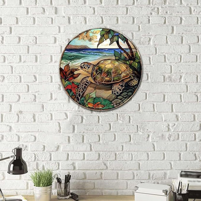 Lygond Metal Sign Tin Sign Circular Stained Glass Turtle Decor Outdoor for Yard 8×8 Inches