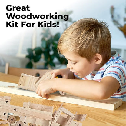 Kraftic Woodworking Building Kit for Kids, with 3 Educational DIY Carpentry Construction Wood Model Kit Toy Projects for Boys and Girls- Tractor, Bulldozer and Racing Car