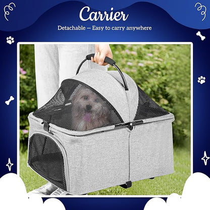 Detachable Pet Double Stroller with 4 Rolling Casters for 2 Pets – Lightweight Multifunctional Travel Stroller with Mesh Windows, Cup Holder, Sun Shades & Storage Pocket for Puppy and Kitty