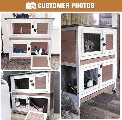 Rabbit Hutch Indoor Outdoor, Bunny Cage with Casters, Guinea Pig Cage Bunny Hutch with Two Plastic Trays 36inch-Brown