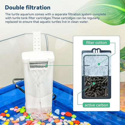 Aquatic Turtle Tank Habitat Kit Stone+Filter+Heat Lamp Enhancing Interaction with 360° Viewing, Standalone Filtration, DIY Creative Zone, Enriched Living (Blue, Large[with Light])
