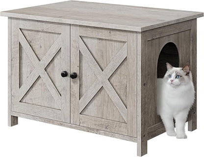 JY QAQA Cat Litter Box Enclosure,Litter Box Furniture Hidden with Barn Door,Wooden Washroom Furniture,Cat House,Fit Most of Litter Box