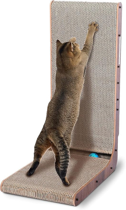 Cat Scratcher with Cat Toys Ball Track, Build-in Ball, L-Shaped Scratcher, Cardboard Lounge Bed, Stable and Durable, Furniture Protector, Reversible