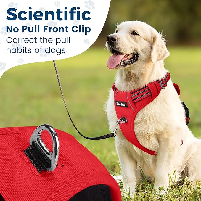 Funfox Dog Harness No Pull, Adjustable Pet Vest Harness, Super Soft Material with Vertical Handle Easy Control, Reflective Night Walking, 2 Leash Clips for Medium Sized Dogs, Red, M