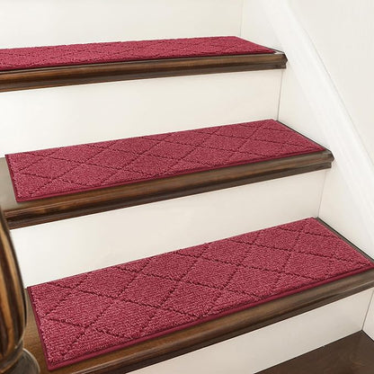 COSY HOMEER Edging Stair Treads Non-Slip Carpet Mat 28inX9in Indoor Stair Runners for Wooden Steps, Edging Stair Rugs for Kids and Dogs, 100% Polyester TPE Backing (10pc, Red)