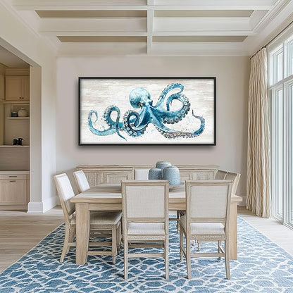 Octopus Large Wall Art Ocean Sea Nautical Pictures Rustic Blue Octopus Animal Wall Decor Canvas Print Painting Artwork for Bathroom Living Room Bedroom 60L" x 30W"