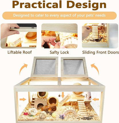 Prolee Hamster Cage Chewproof, Mice and Rat Habitat with Transparent Sides, Hamster Cage with Openable Mesh Top, Solid Built with Lock Design and Leg Stand, 32" Wide