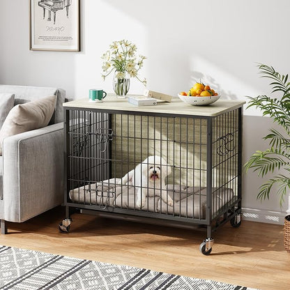Dog Crate Furniture, 27.2" Small Dog Kennel Wooden Dog Crate with Pull-Out Tray, Double Doors, Modern End Table for Small/Medium Dogs, Rustic Brown