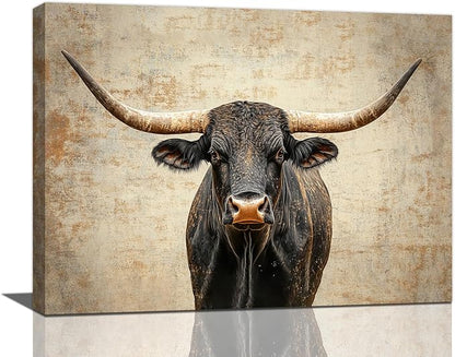 Rustic Highland Cow Pictures Wall Art, Farmhouse Longhorn Bull Bathroom Wall Decor Black Cow Framed Painting Canvas Artwork for Bathroom Bedroom Living Room Decorations 16"L x 12"W