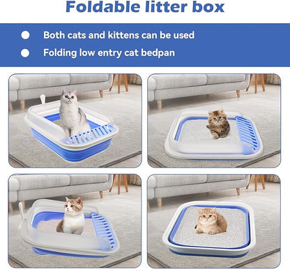 High Sided Cat Litter Box, Anti-Splashing Low Entry Cats Litter Pan with Scoop Collapsible Foldable Shallow Kitten Potty Toilet Waterproof Cat Travel Litterbox Semi-Enclosed Easy Clean(Blue)