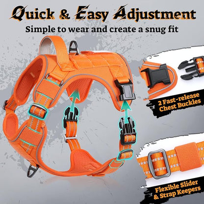 rabbitgoo Dog Harness Small Sized No Pull, Tactical Service Pet Vest with Molle and Control Handle, Adjustable and Reflective Military Harness for Easy Walking and Training, Orange, S