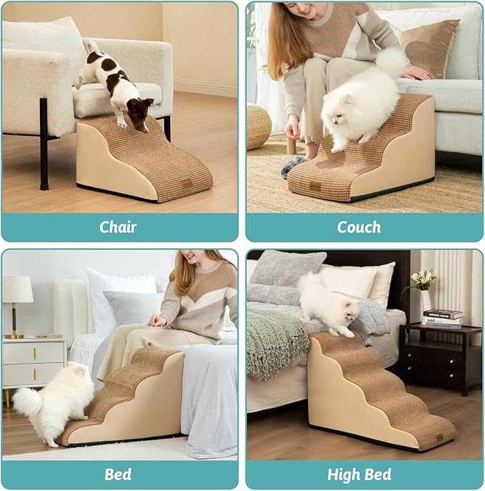 Dog Stairs for Small Dogs 19.7" H, Curved Dog Step for Puppy, Older or Cat, Medium Pet Ramp for Sofa, Couch or Bed, Ladder with High Density Foam, 15.7x28.3x19.7 inch, 4 Step, Light Brown