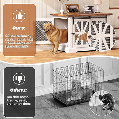 VOPEAK 43.3" XL Dog Crate Furniture, Chew Resistant Dog Crate for Medium Large Dogs, Heavy Duty Extra Large Dog Crate Dog Kennel Indoor with Double Doors, Wooden End Table for Living Room, White