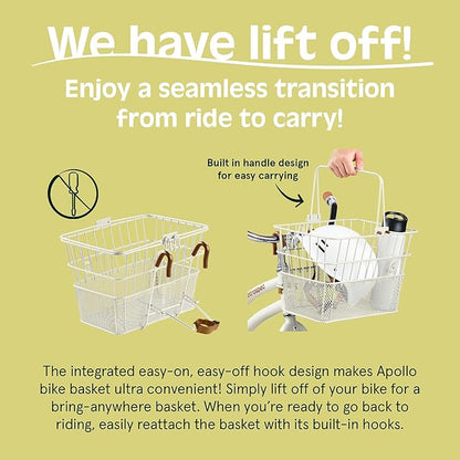 Retrospec Apollo Detachable Front Bike Basket Steel Half-Mesh with Integrated Detachable Hooks and Built-In Handle, Easy Assembly and Portability for Bicycles