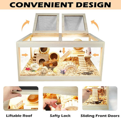 Prolee Hamster Cage Wooden, Mice and Rat Habitat, Hamster Cage with Openable Mesh Top, Clear Acrylic Solid Built with Lock Design, Oak 40"
