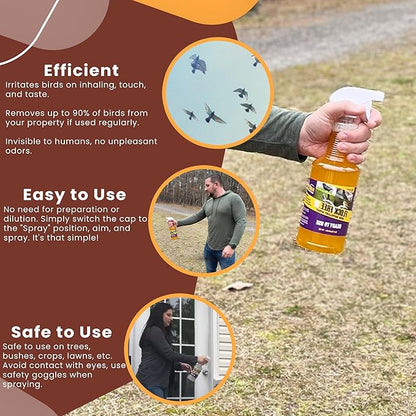 Bird Repellent Spray Bundle, Ready to Use Bird Spray 32oz + Concentrate 4oz Refill