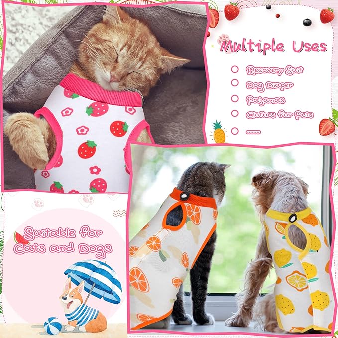 Nuanchu 3 Pieces Cat Recovery Suit Kitten Recovery Suit E-Collar Alternative for Cats and Dogs Abdominal Skin Anti Licking Pajama Clothes Sets(Fruit Pattern,Medium)