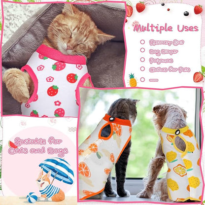 Nuanchu 3 Pieces Cat Recovery Suit Kitten Recovery Suit E-Collar Alternative for Cats and Dogs Abdominal Skin Anti Licking Pajama Clothes Sets(Fruit Pattern,Medium)